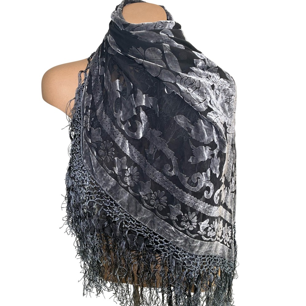 Velvet Burnout Silk Blend Shawl Floral Fringe Boho Chic Romantic Evening Sheer